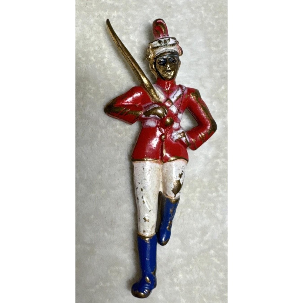 Vintage Toy Soldier Drum Major Enamel Brooch Gold Tone Red White Blue Pin